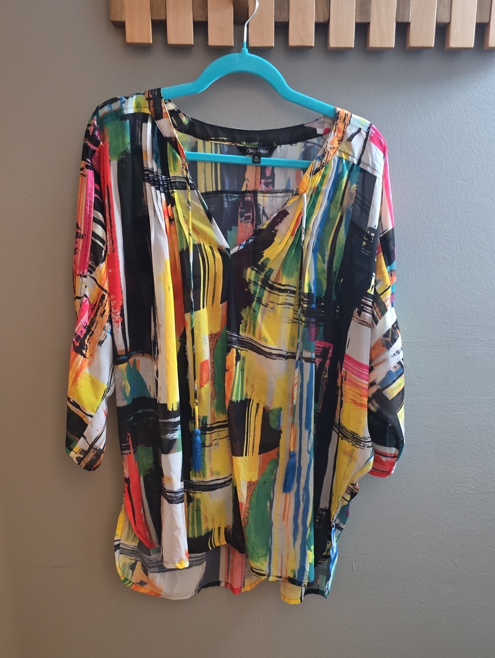 John Mark Multicolor Abstract V-Neck Tunic with Black Accents